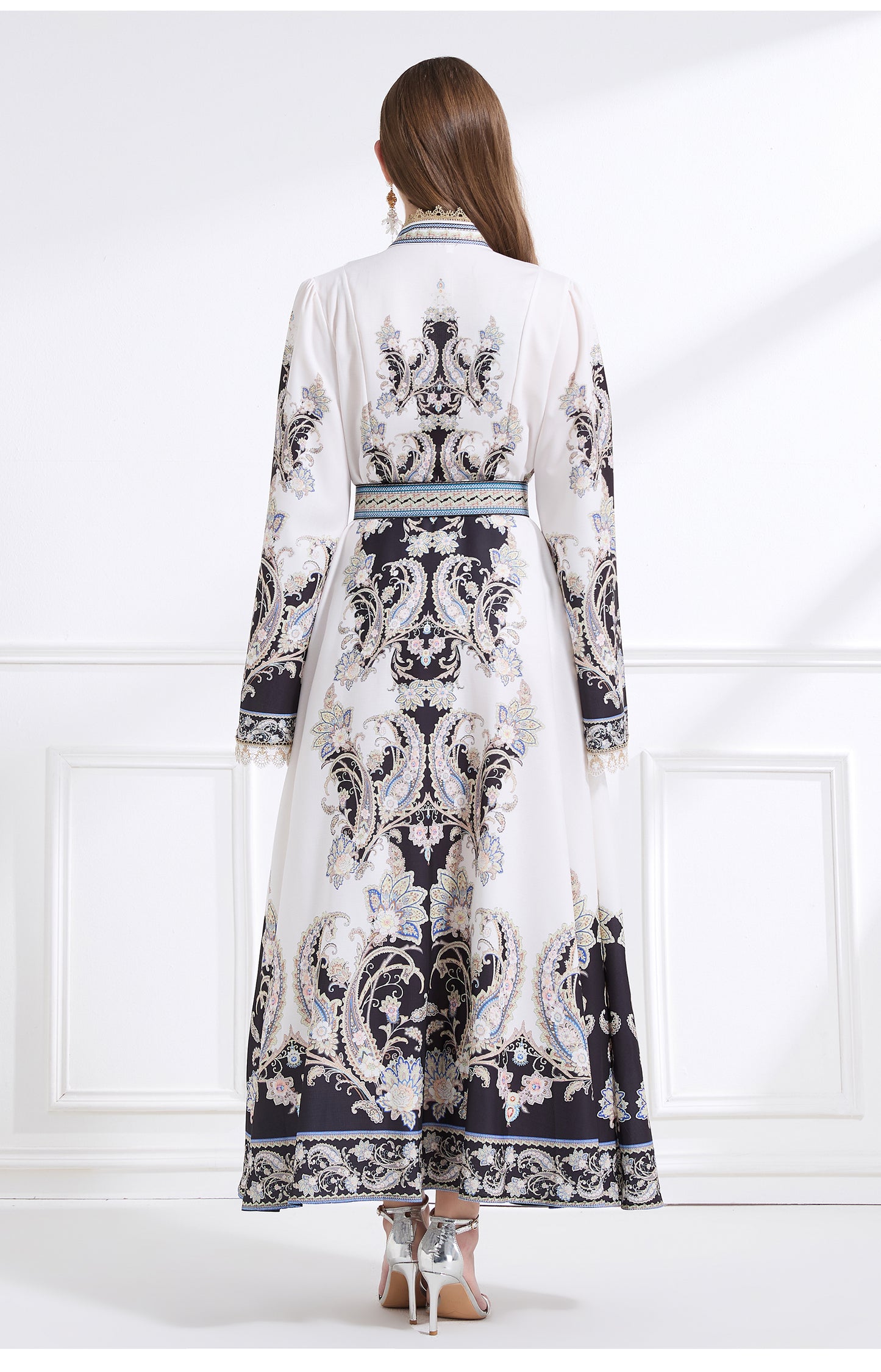 Original design - court-style vintage stand-up collar lace print tunic with large hem waist