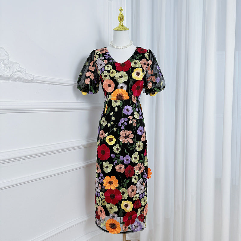 Art embroidery boutique color hand-ordered vintage V-neck slit wrap hip dress