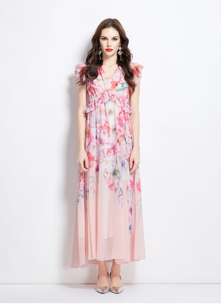 Original Design Spring/Summer Retro Flower Little Fly Sleeve Long Dress