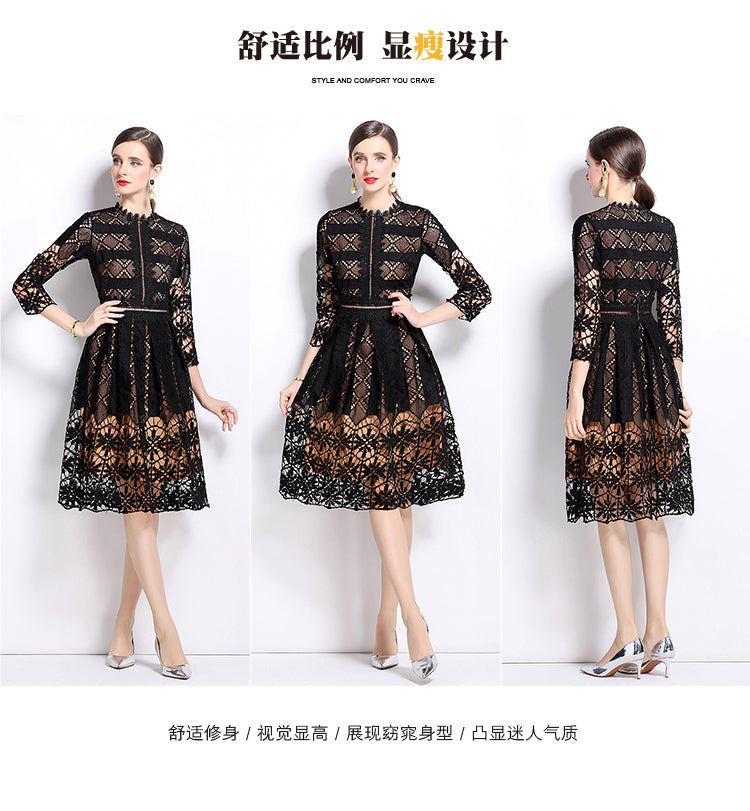 Original design mid long sleeved slimming hollow out water-soluble lace positioning printed mid length dress for spring, summer, autumn vacation