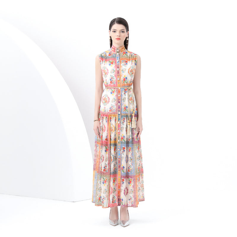 Original design: Spring, Summer, Autumn, vintage style, stand collar, sleeveless, wavy edge, long printed dress 2-piece set