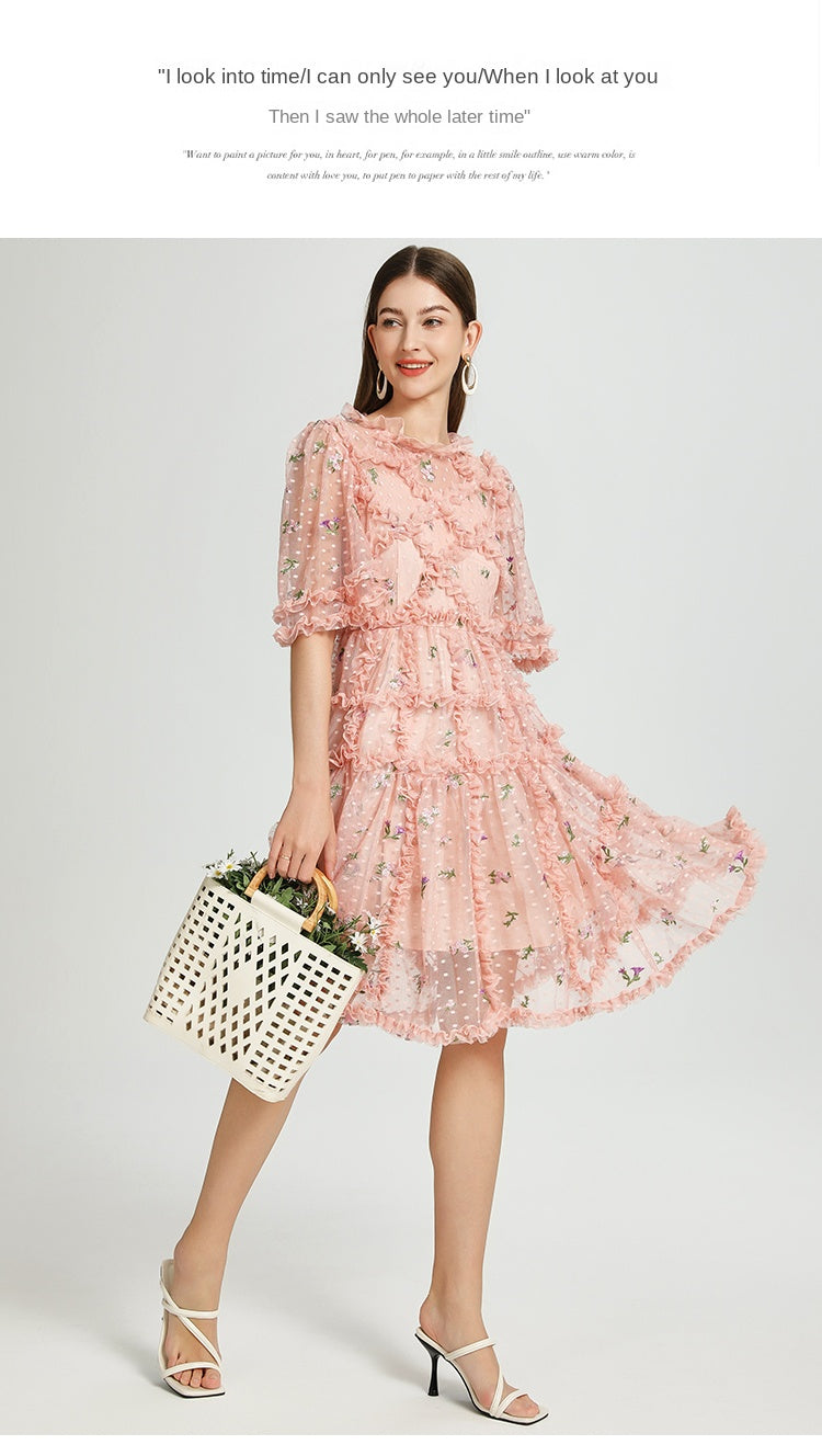 Artwork French romantic boutique custom gauze small floral embroidery short vintage cake dress