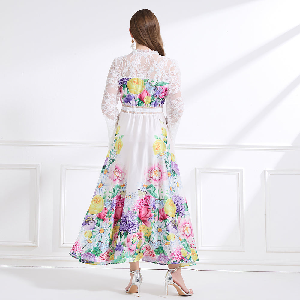 Original design - spring and summer resort style lace patchwork print waist maxi skirt ruffle dress