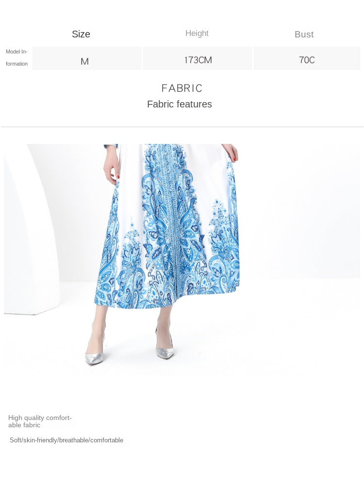 Original design: Spring, Summer, Autumn, resort style, vintage stand-up collar, single-breasted, lace panel, printed wide hem maxi dress