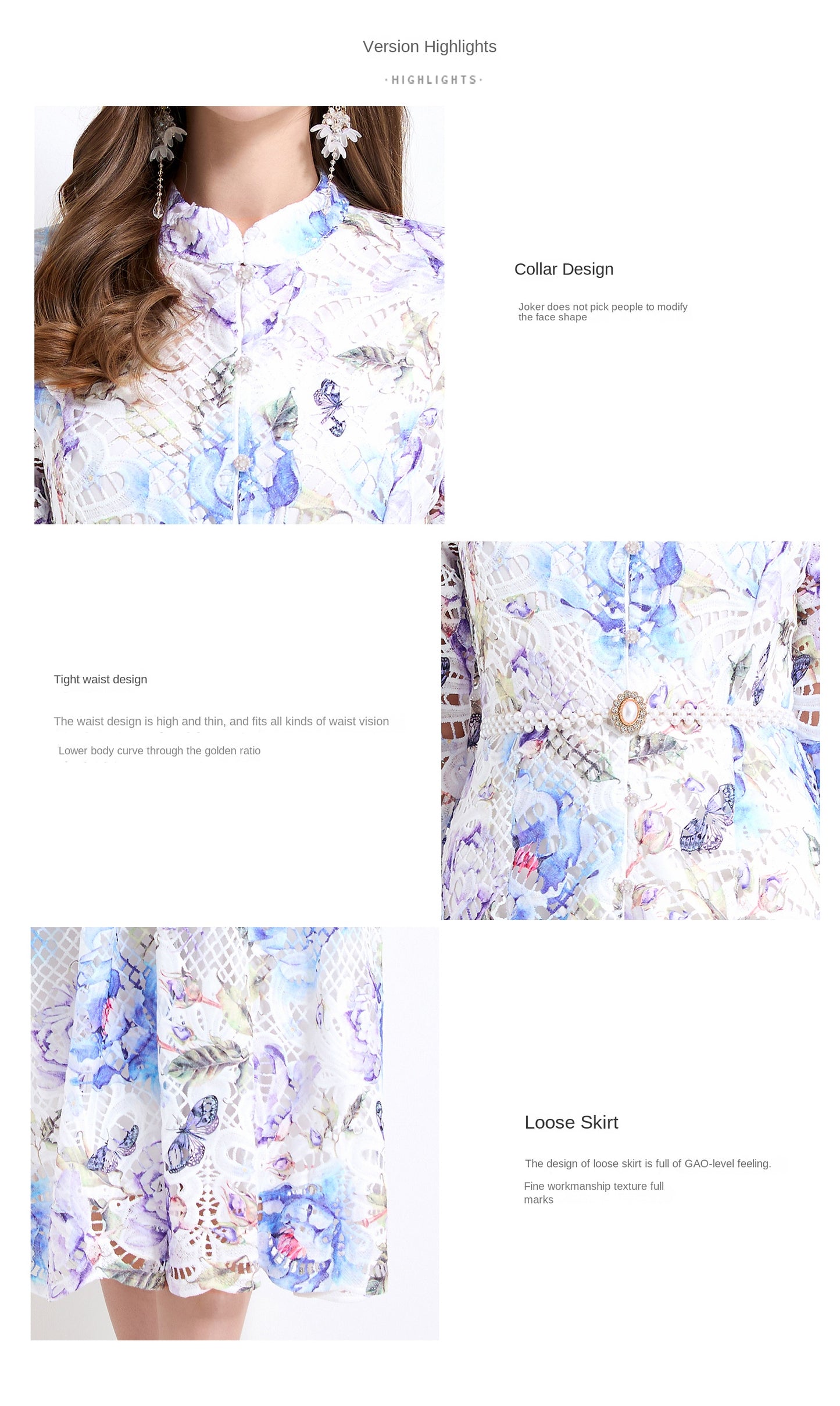 Original design - Spring/Summer vintage stand collar floral print heavy industry water-soluble long waist lace dress