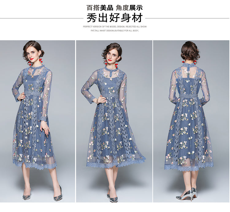 Original Design Heavy Industry Fine Embroidery Mesh French Long Style Super Fairy Sweet Dress