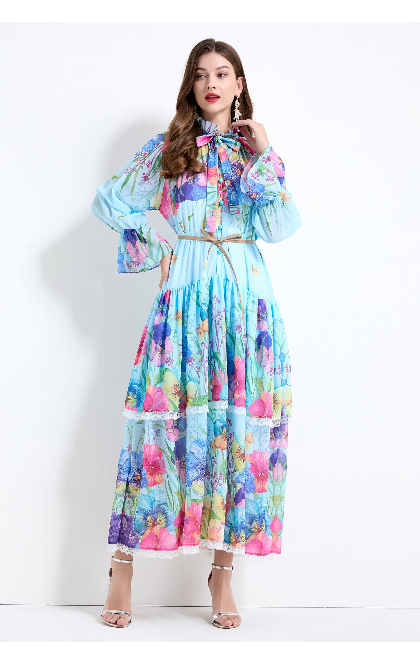 Original design - spring and summer fake lace cake skirt floral print waist ruffle skirt