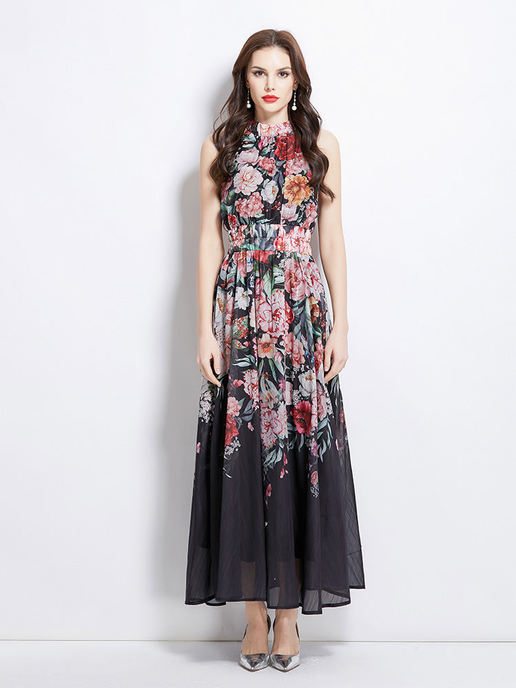 Original Design Spring/Summer Vacation New Oil Painting Flower Printed Hanging Neck Long Dress