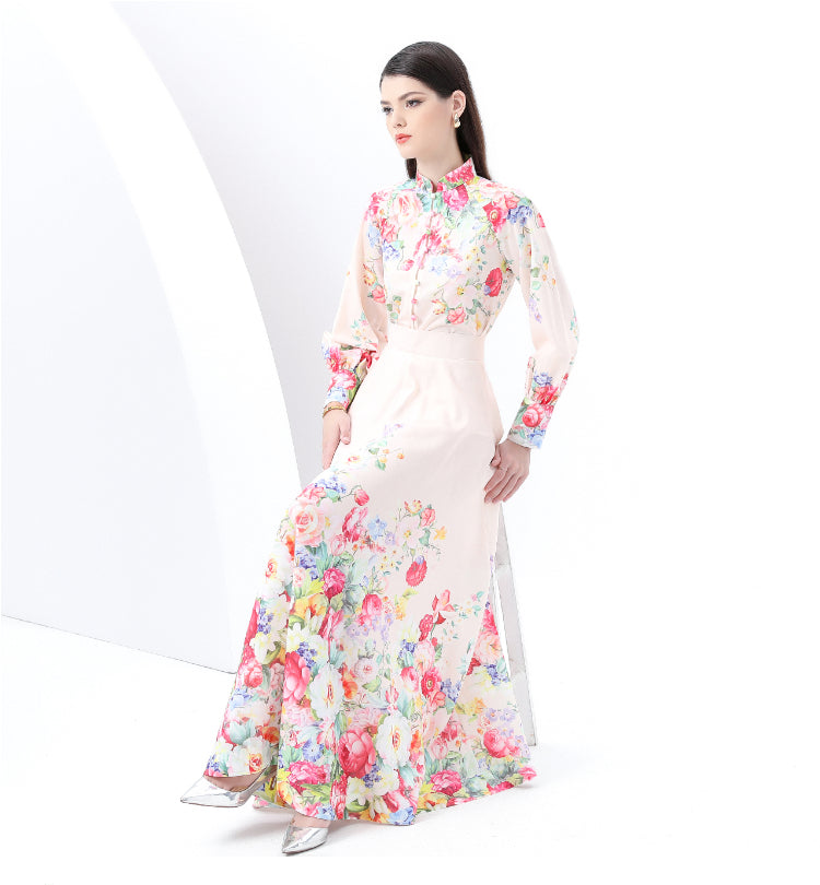 Original Design Spring/Summer Retro Style Stand up Collar High Waist Wave Edge Printed Dress Set, Two Piece