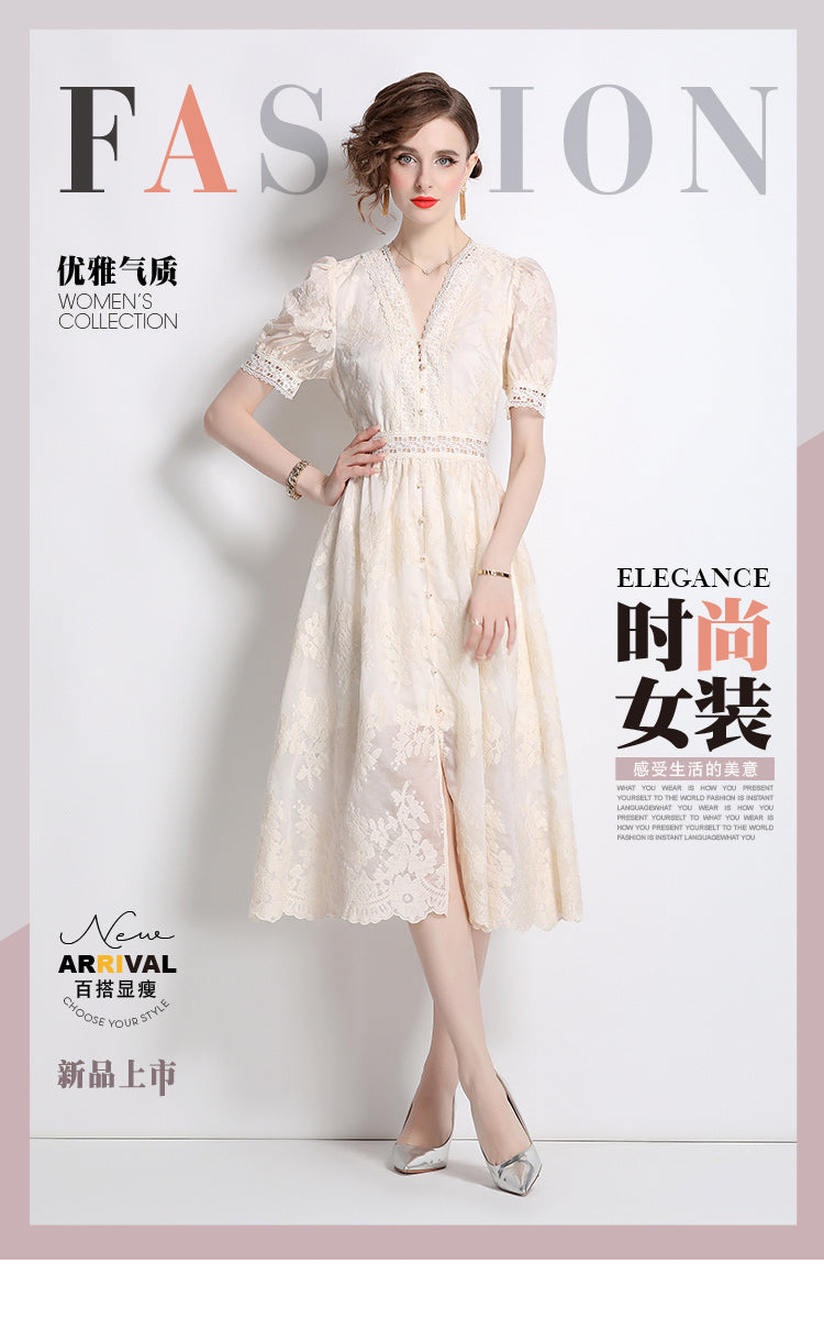 Original Design: Spring/Summer Embroidered V-neck Dress with Lace and Lace Charm Slimming Skirt
