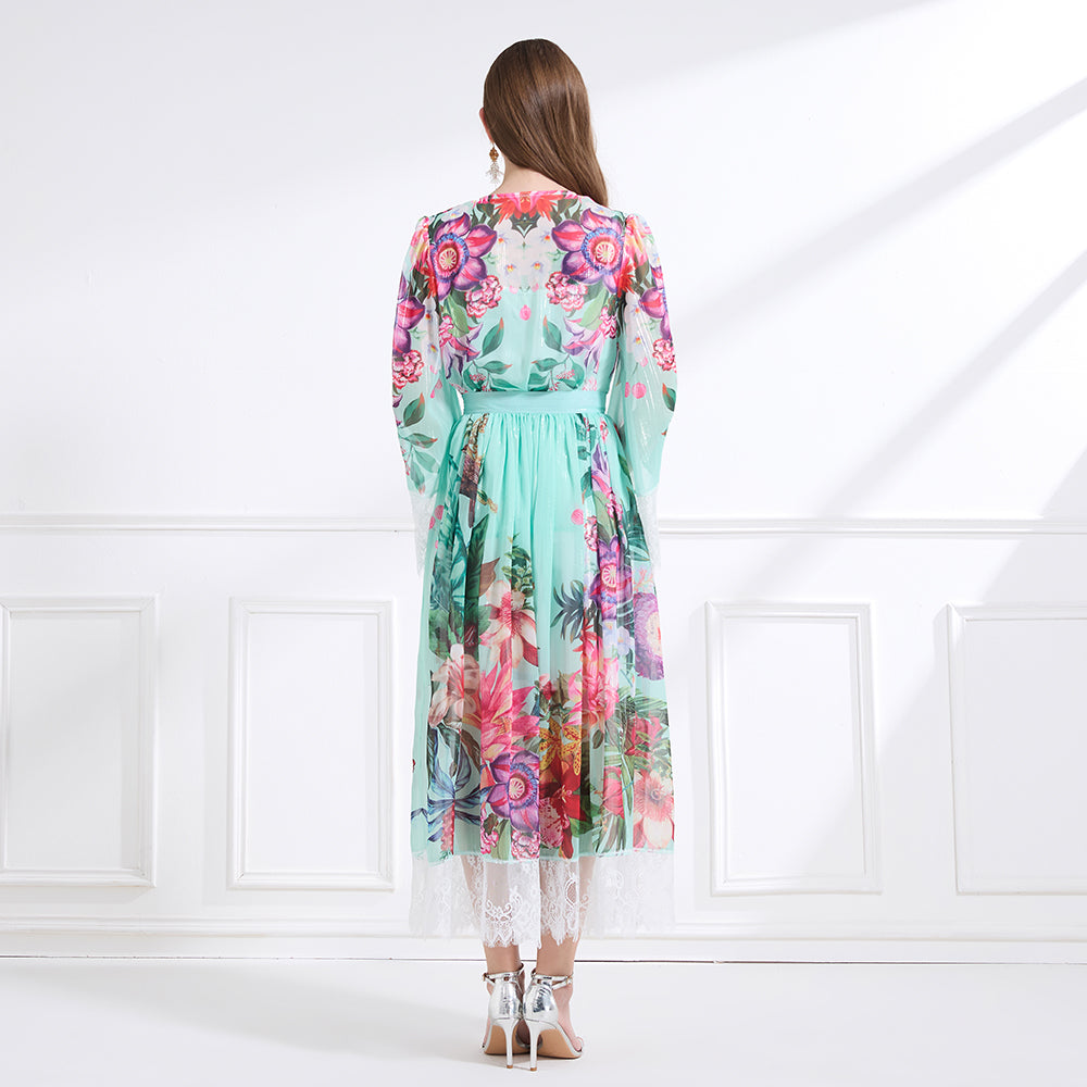 Original design: resort-style V-neck lace print suit, waist-cinching ruffled maxi dress