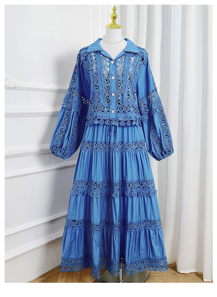 Meizhonggong boutique cut-out lapel lace stitched pendant lace maxi skirt set