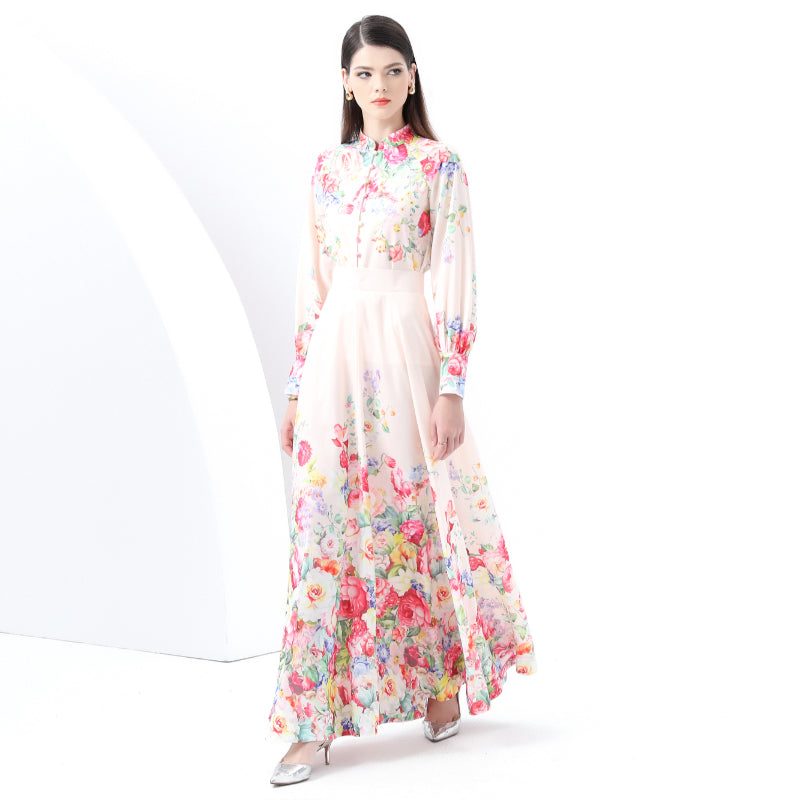 Original Design Spring/Summer Retro Style Stand up Collar High Waist Wave Edge Printed Dress Set, Two Piece