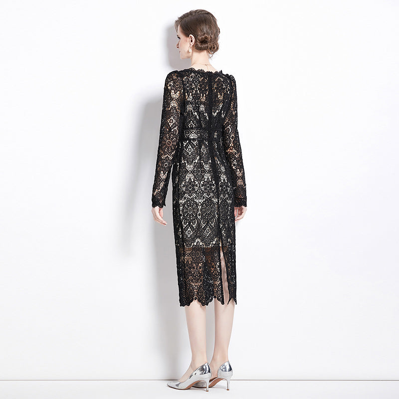 Original design for spring and summer water-soluble lace V-neck slim fit mid length dress for women