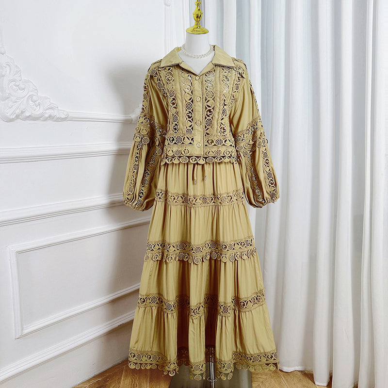Meizhonggong boutique cut-out lapel lace stitched pendant lace maxi skirt set