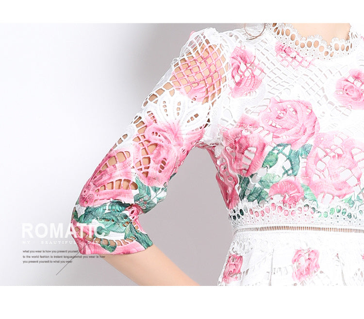 Original design mid long sleeved fashionable slimming hollow out water-soluble lace positioning mid length dress