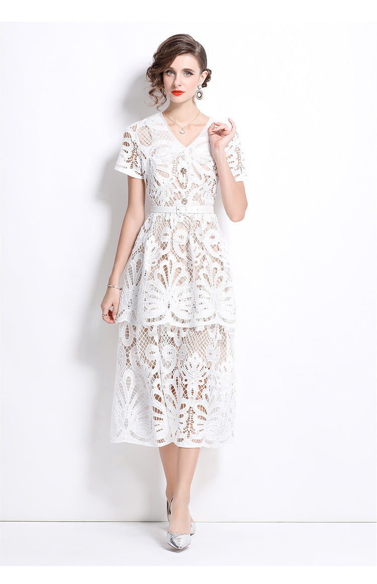 Original Design: Spring/Summer French Luxury Water soluble Embroidered Medium length Skirt with V-neck and Waist cinching to Look Thin Dress