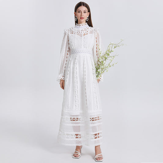 Art cut-out embroidered solid color French maxi skirt waist temperament women's dress