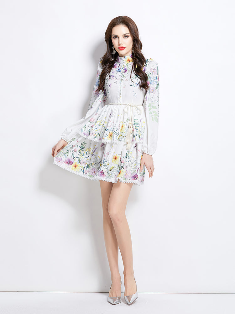 Original Design Spring/Summer/Autumn Vacation Long Sleeve Floral Colorful Waist Collar Cake Dress