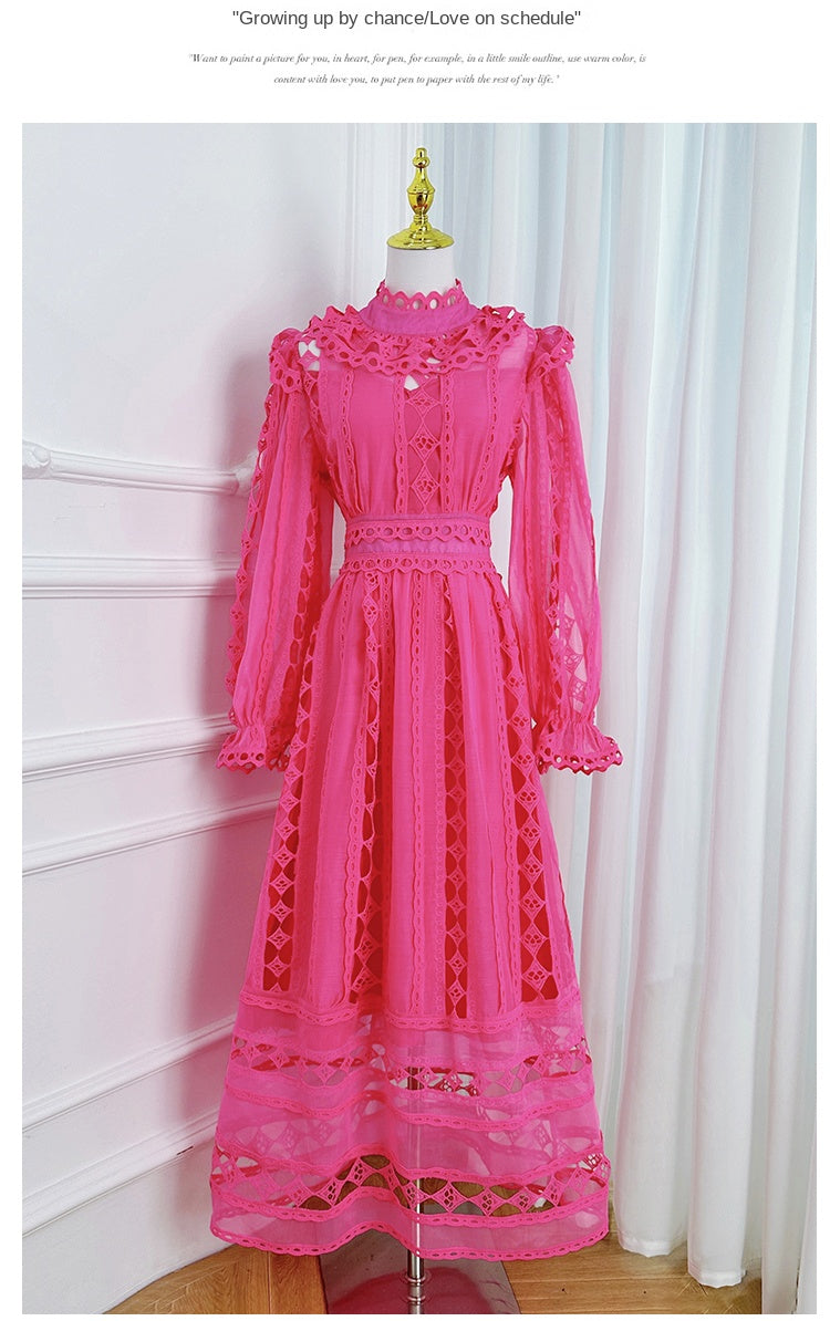 Original design graphic hollow embroidery solid color French long skirt with waist cinching temperament dress