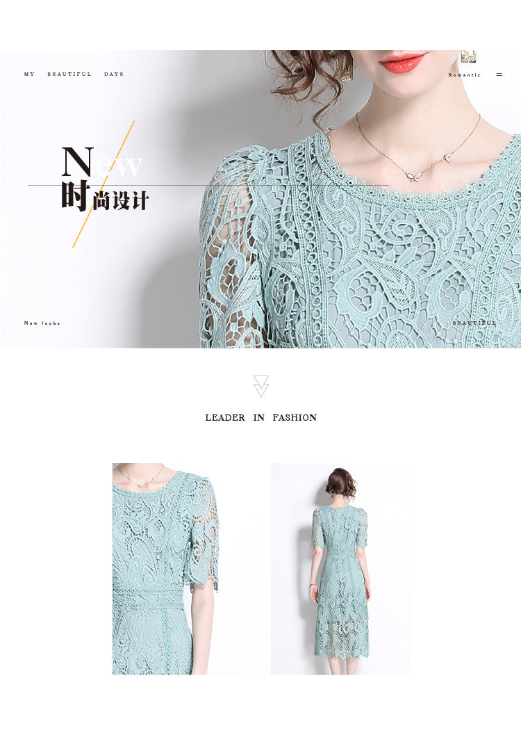 Original design temperament short sleeved skirt slim fit waist cinching heavy industry water-soluble lace dress for women