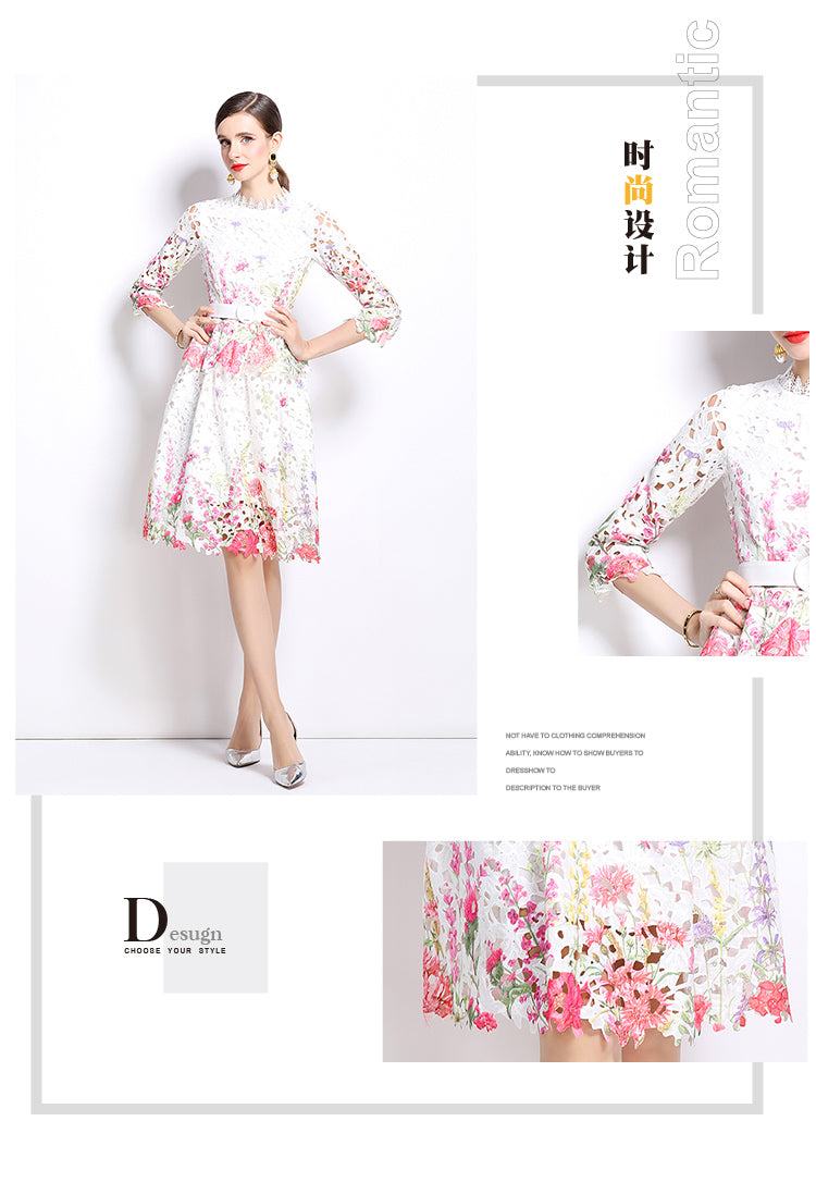 Original design mid long sleeved fashionable slimming hollow out water-soluble lace positioning mid length dress