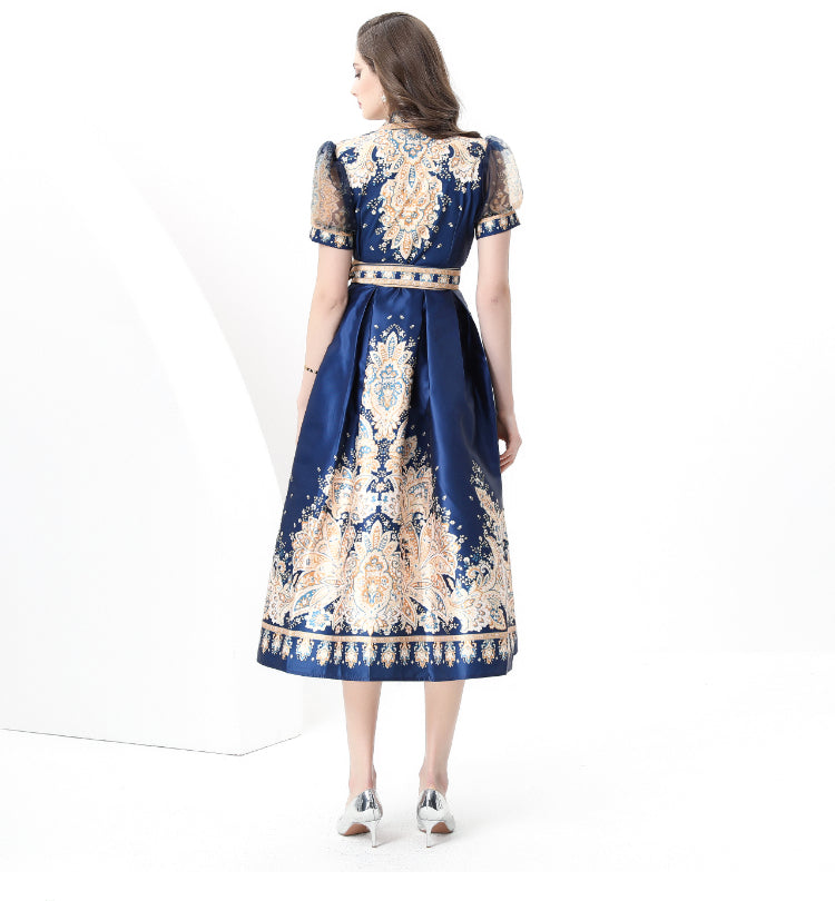 Spring/summer wrap tie style V-neck balloon sleeve long vintage print dress