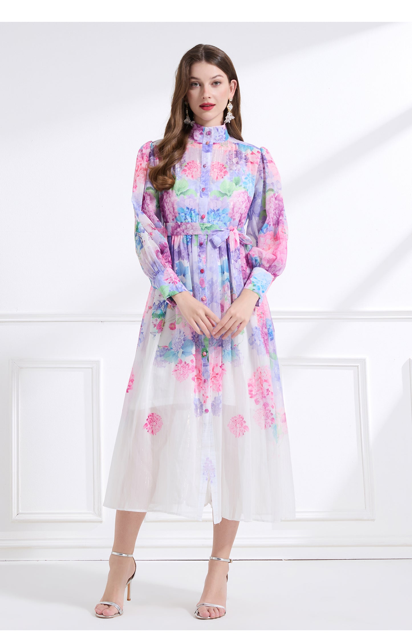 Original design - stand collar, watercolor, floral print, balloon sleeves, cinched waist, large skirt, ruffled skirt
