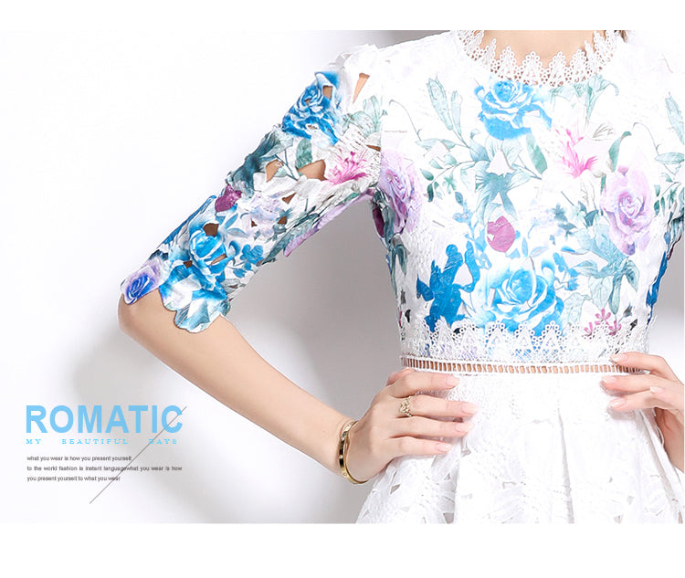 Original design mid long sleeved fashionable slimming hollow out water-soluble lace positioning mid length dress