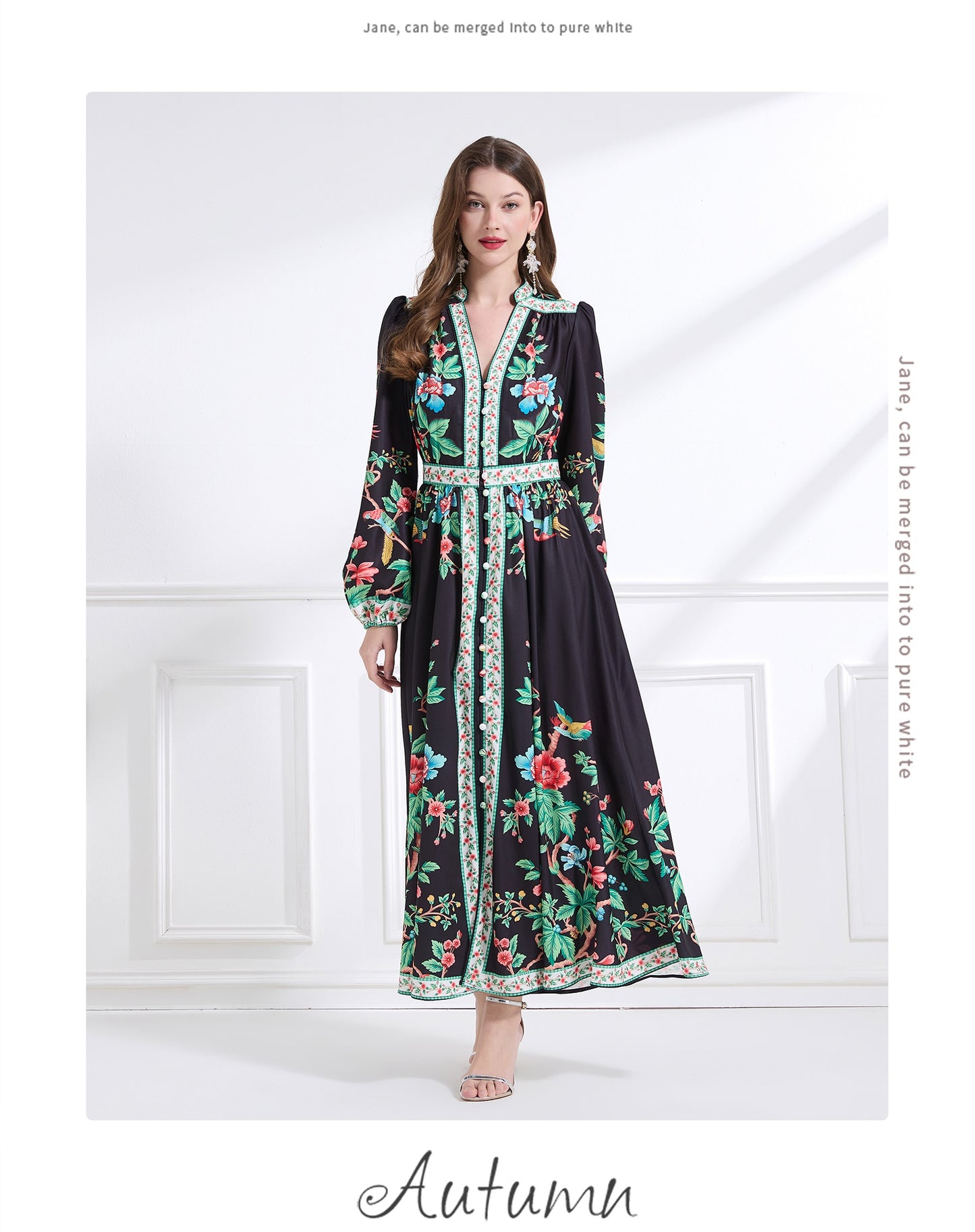 Original design Spring/summer resort-style V-neck, linen, floral, printed, balloon-sleeved, waist-cinching, ruffled maxi skirt