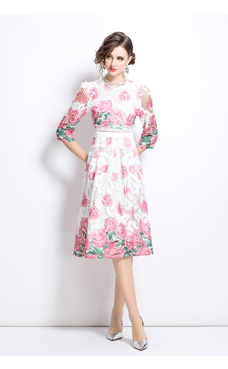 Original design mid long sleeved fashionable slimming hollow out water-soluble lace positioning mid length dress