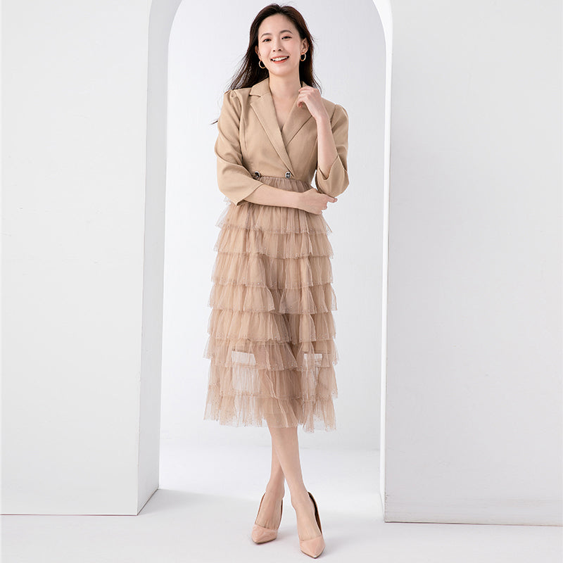 Original design exquisite mesh cake skirt patchwork suit dress temperament fake 2pieces