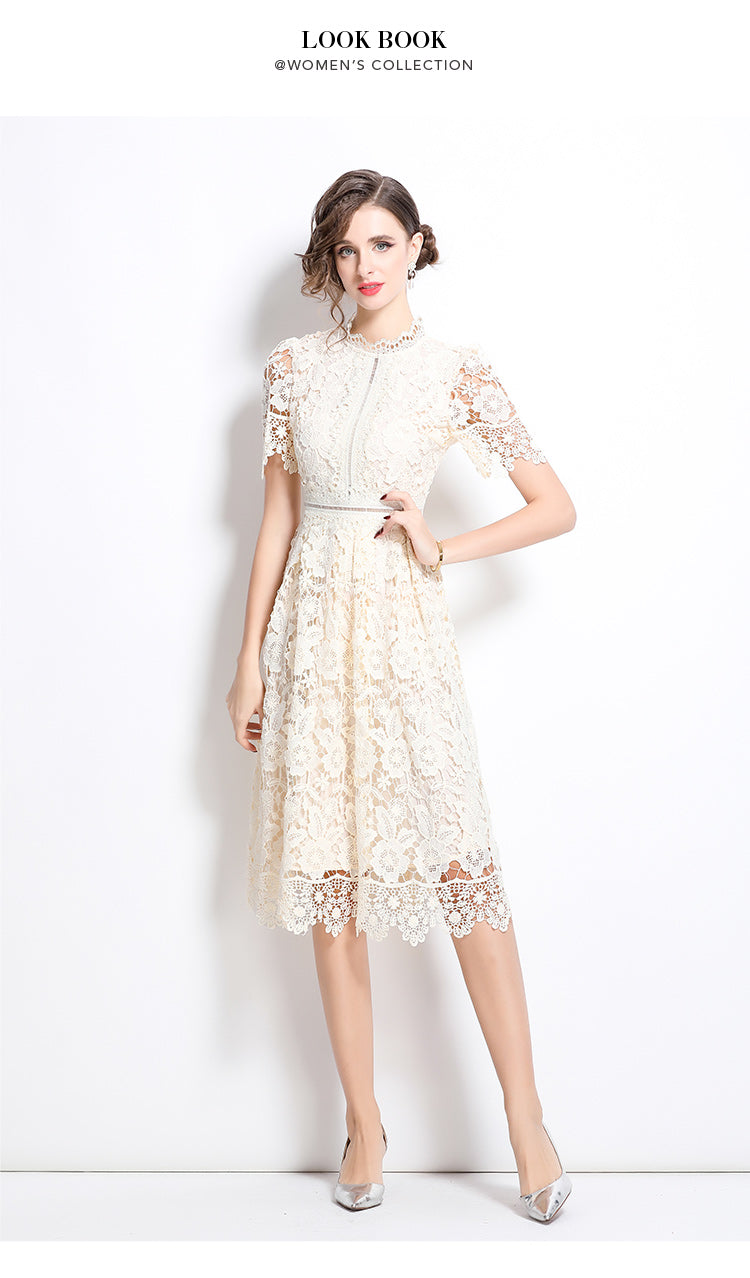 Original design short sleeved slimming hollow out water-soluble lace positioning mid length dress
