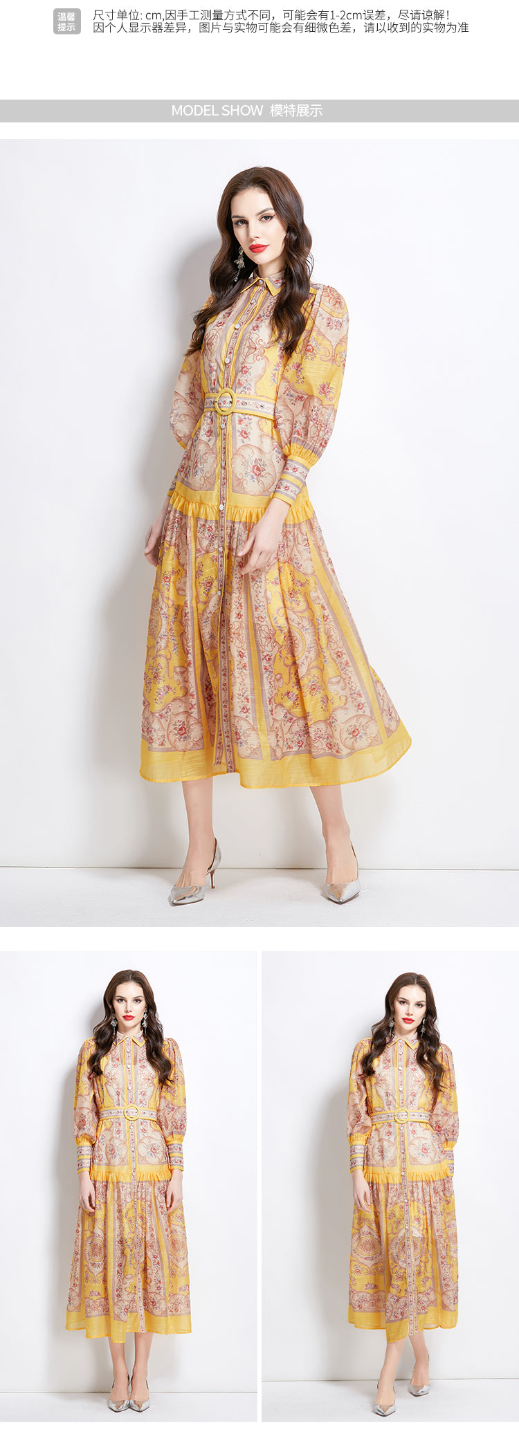 Original Design Spring/Summer Autumn Vacation Classical Palace Style Printed Bouquet Waist Single breasted Long Dress
