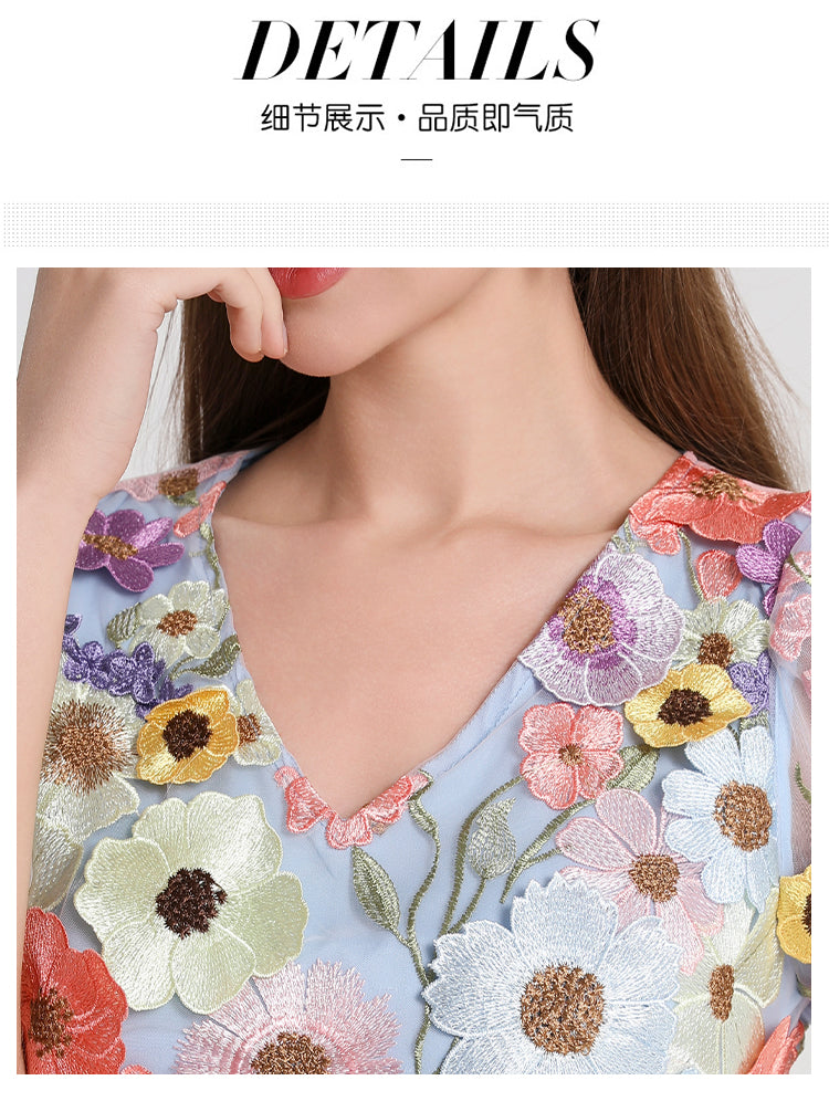 Art embroidery boutique color hand-ordered vintage V-neck slit wrap hip dress