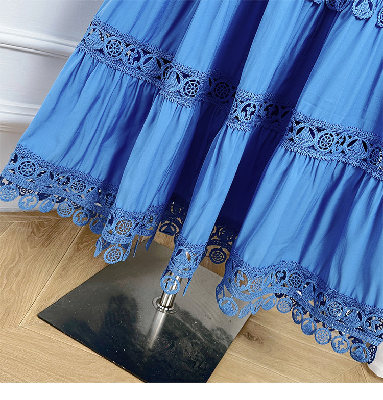 Meizhonggong boutique cut-out lapel lace stitched pendant lace maxi skirt set