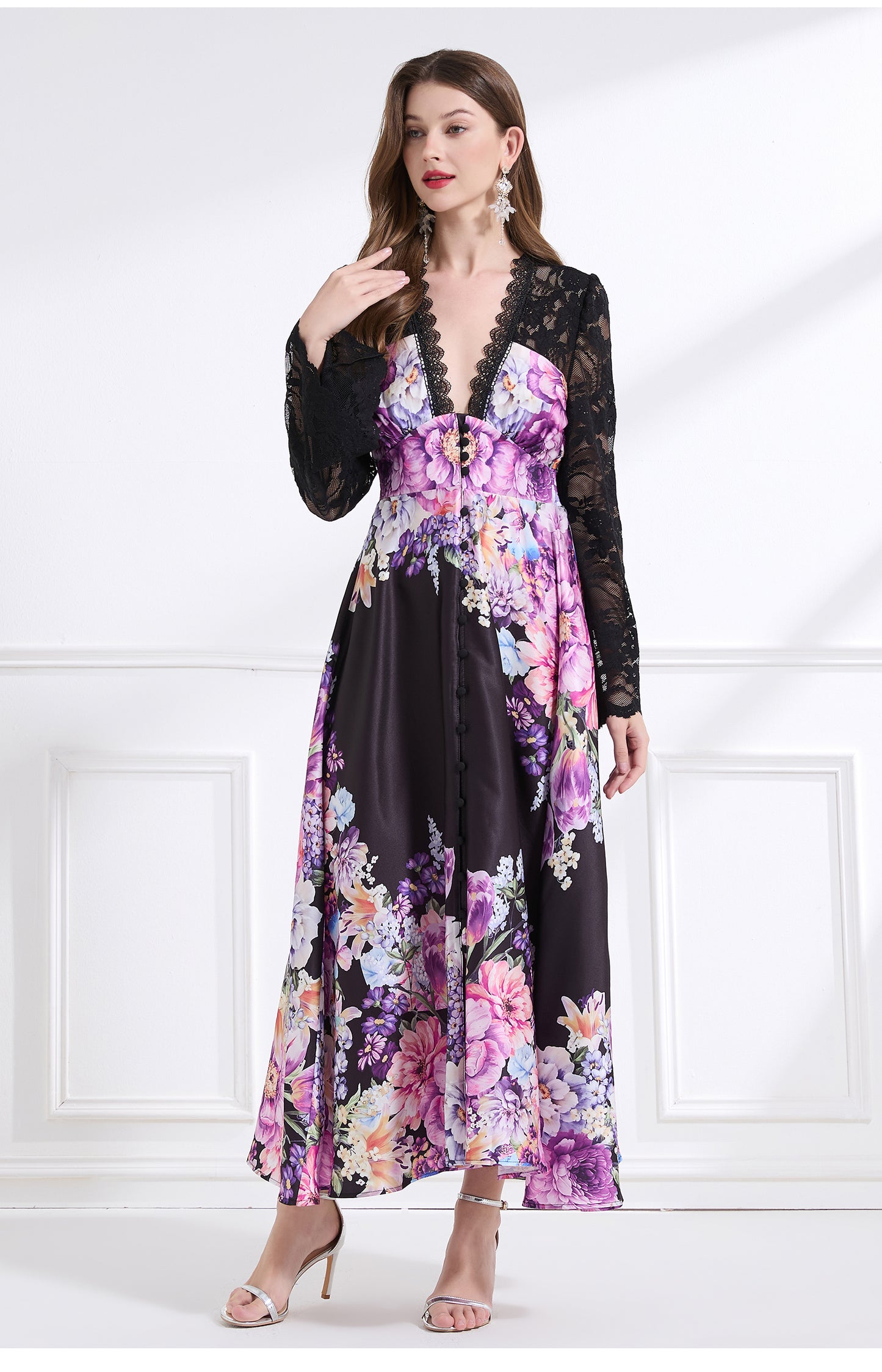 Original design - resort-inspired lace patchwork print cinched waist maxi dress with ruffles