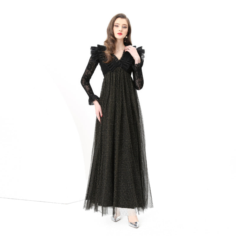 Original design: Spring, Summer, Autumn, resort style, embroidered lace, V-neck, long sleeves, lace and mesh maxi dress