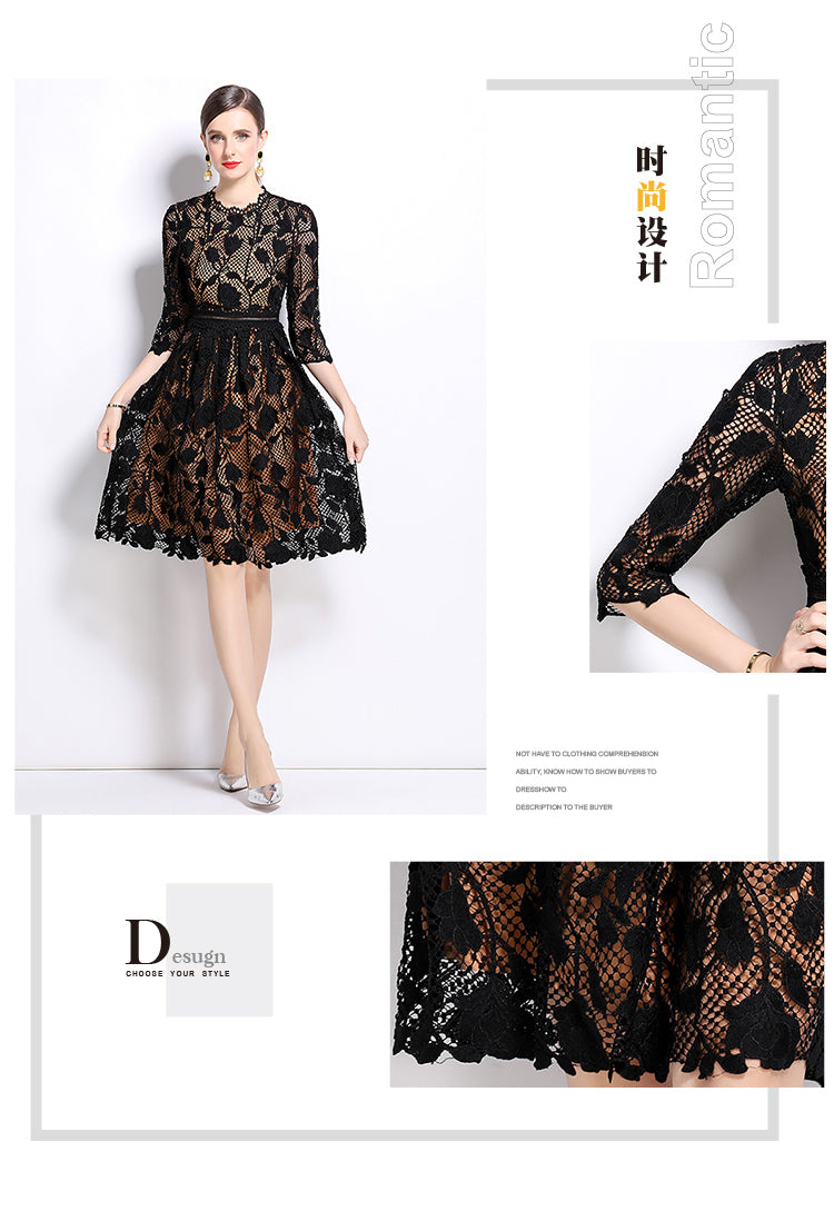 Original design mid long sleeved fashionable slimming hollow out water-soluble lace positioning mid length dress