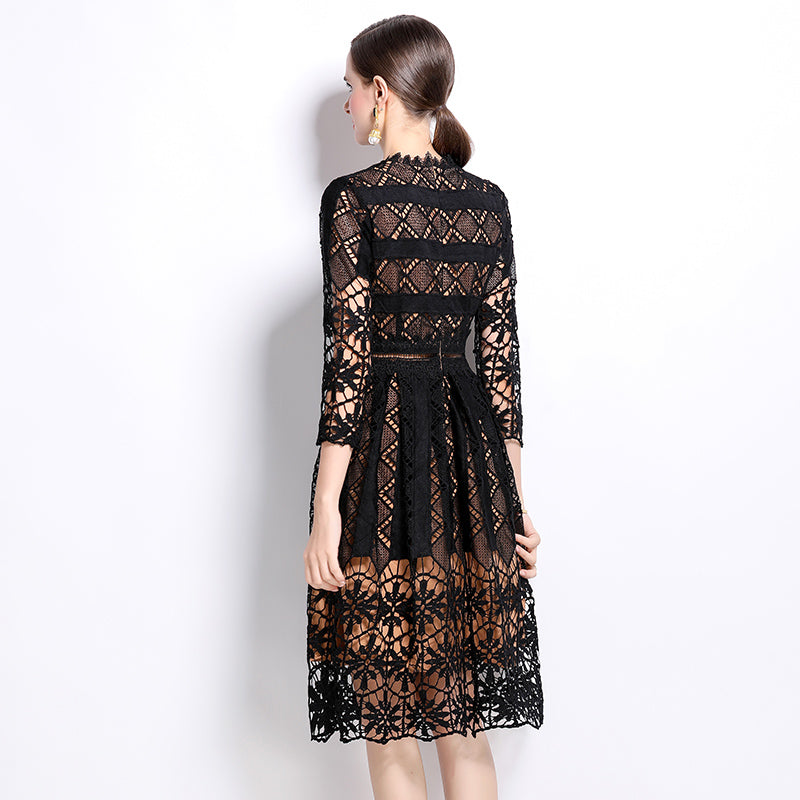Original design mid long sleeved slimming hollow out water-soluble lace positioning printed mid length dress for spring, summer, autumn vacation