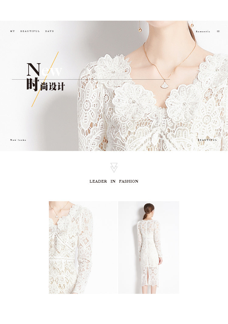 Original design for spring and summer water-soluble lace V-neck slim fit mid length dress for women