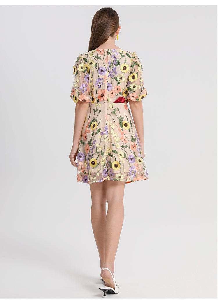 Meizhonggong boutique color handmade three-dimensional embroidered puff sleeve French pendulum dress