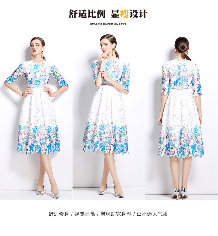 Original design mid long sleeved fashionable slimming hollow out water-soluble lace positioning mid length dress
