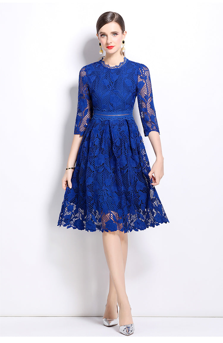 Original design mid long sleeved fashionable slimming hollow out water-soluble lace positioning mid length dress