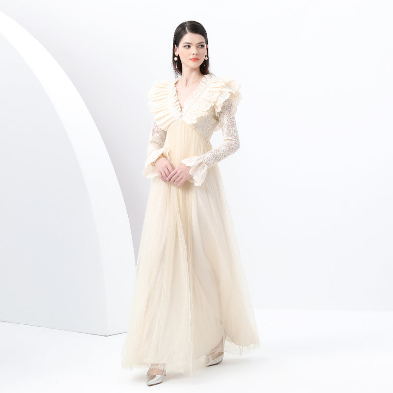 Original design: Spring, Summer, Autumn, resort style, embroidered lace, V-neck, long sleeves, lace and mesh maxi dress