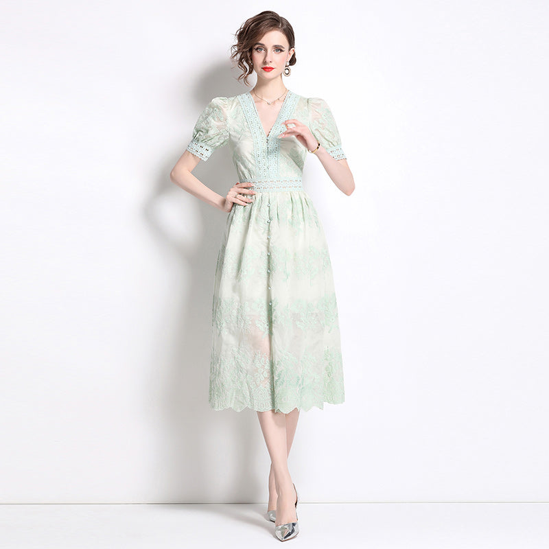 Original Design: Spring/Summer Embroidered V-neck Dress with Lace and Lace Charm Slimming Skirt