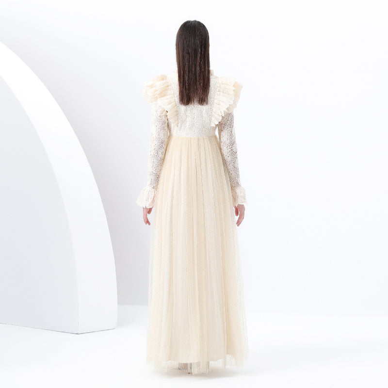 Original design: Spring, Summer, Autumn, resort style, embroidered lace, V-neck, long sleeves, lace and mesh maxi dress