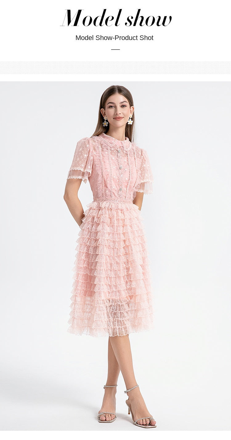 Original design short sleeved French sweet lace lace cake skirt with nail and diamond waist cinching temperament dress