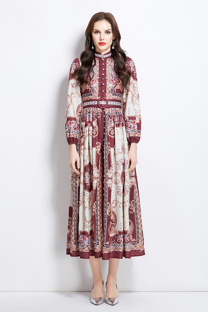 Original design: Spring/summer new court-style pattern stand-up collar long dress