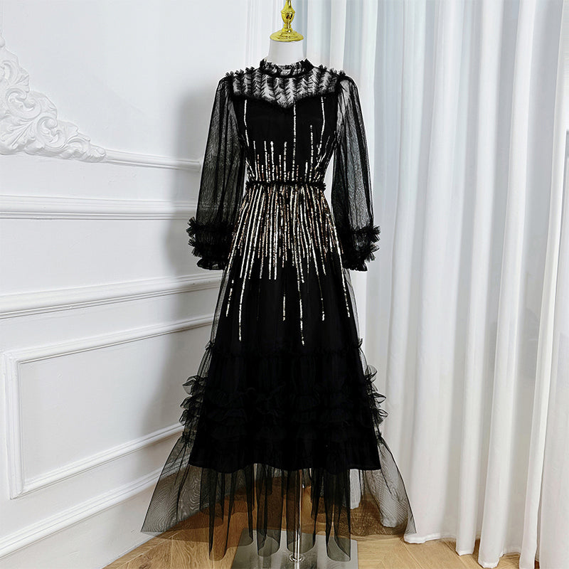 Original Design Heavy Industry Embroidered Glitter Mesh Splicing Black Fungus Edge Temperament Dress